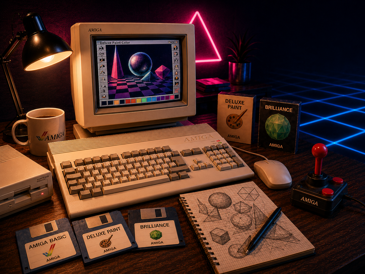 Retro Commodore Amiga 500 artwork desk with Deluxe Paint and Amiga BASIC floppies