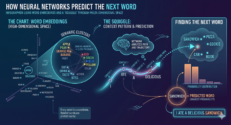 Neural Network Word Prediction: Vector Embeddings and Manifold Theory